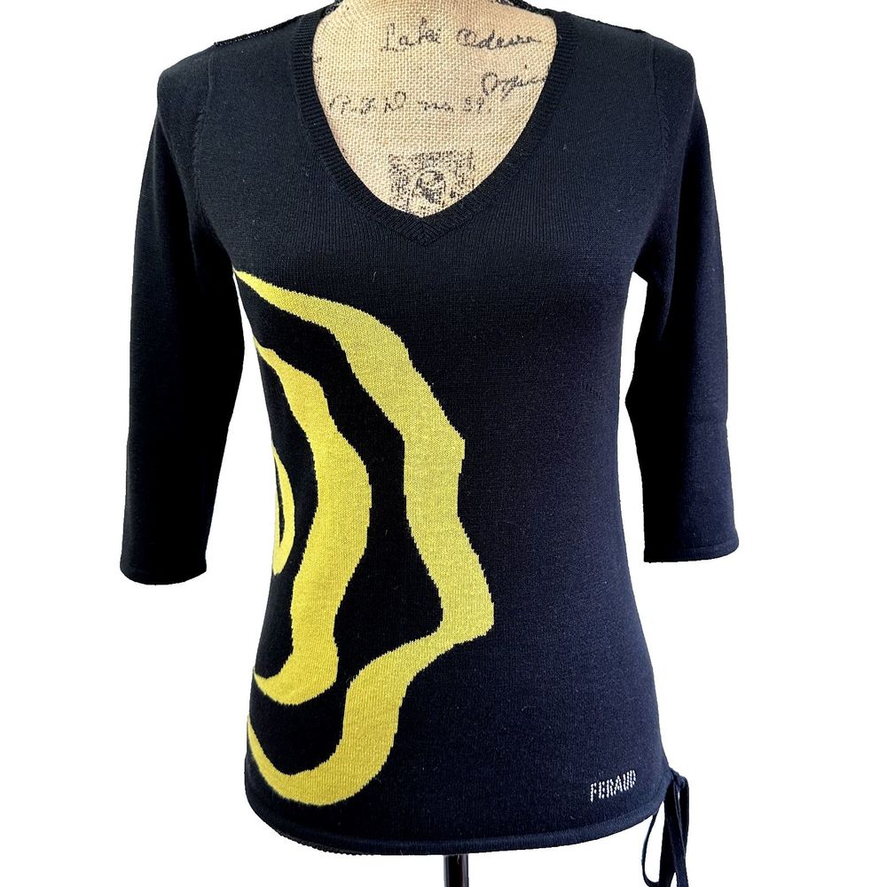 NWOT FERAUD Women's Black Sweater w/Yellow Flower Silk/Cashmere Blend SZ S